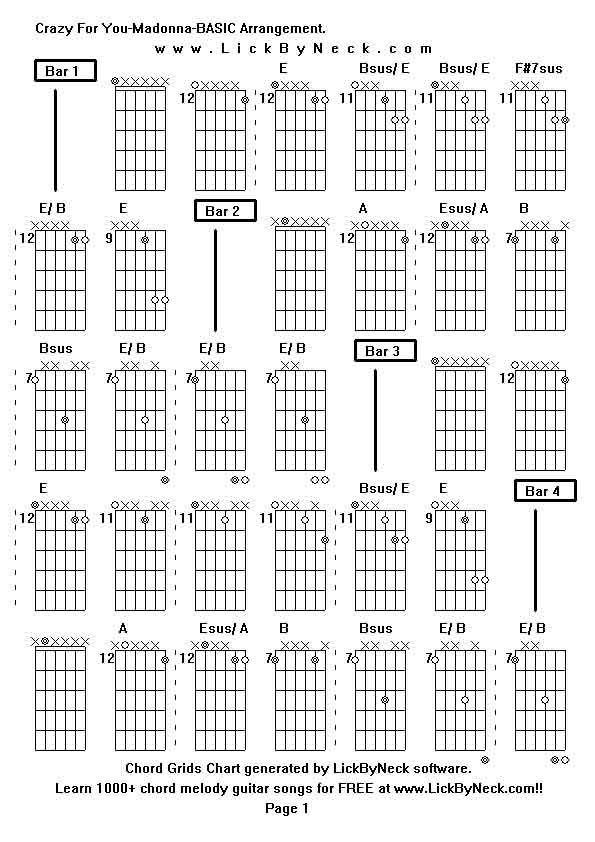Chord Grids Chart of chord melody fingerstyle guitar song-Crazy For You-Madonna-BASIC Arrangement,generated by LickByNeck software.